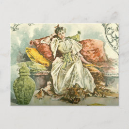 1891ビクトリアン年の雑誌の書籍を持つ女性 ポストカード