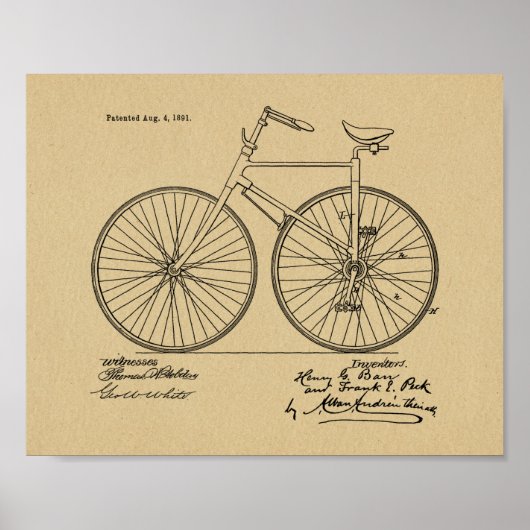 1891ヴィンテージ自転車デザイン特許プリント ポスター (正面)