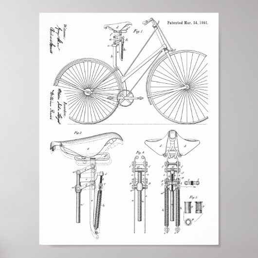 1891ヴィンテージ自転車座席デザイン特許プリント ポスター (正面)