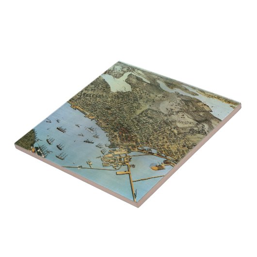 1891年のドイツの地図製作者Augustus Kochによる、ワシントン州シアトルの鳥瞰図を描いた タイル (側面)