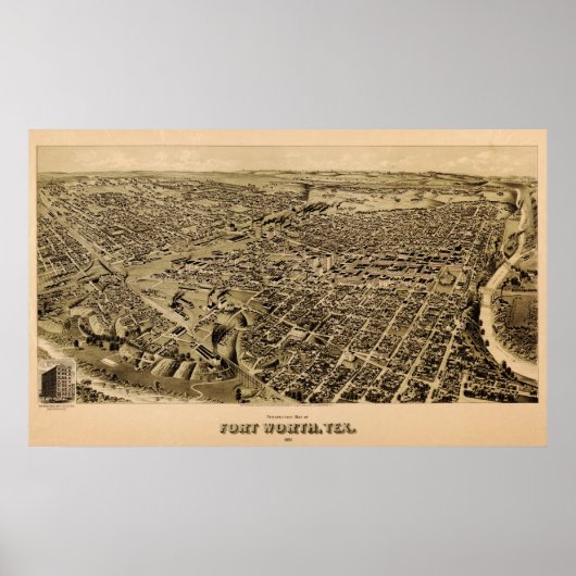 1891年フォートワースの地図テキサス州鳥瞰図 ポスター (正面)
