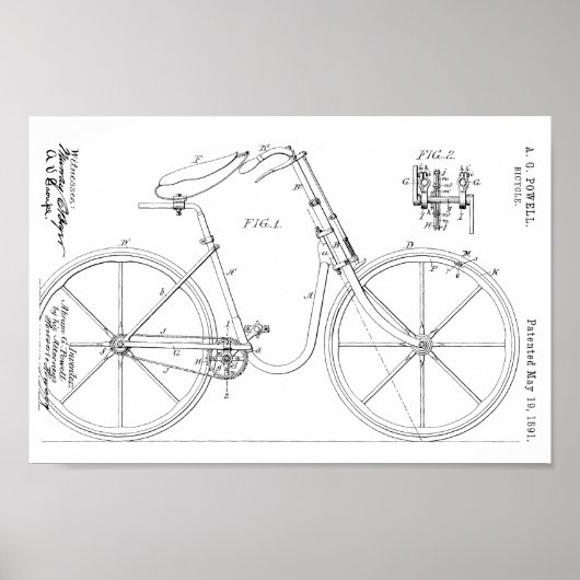 1891自転車特許美術スケッチプリント ポスター (正面)