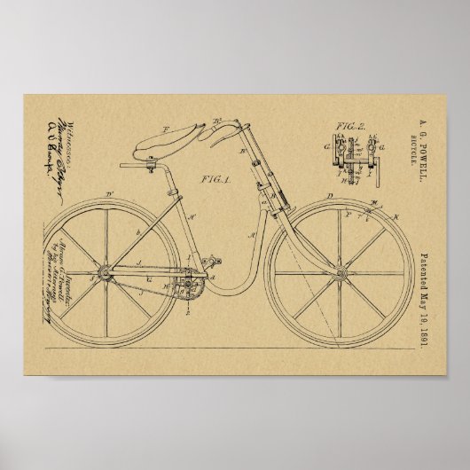1891自転車特許美術スケッチプリント ポスター (正面)