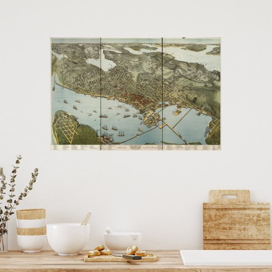 1891 Seattle, WA Birds Eye View Panoramic Map ポスター (キッチン)