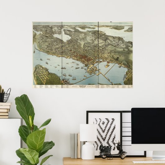 1891 Seattle, WA Birds Eye View Panoramic Map ポスター (ホームオフィス)