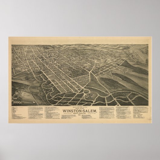 1891 Winston Salem NC鳥瞰図パノラママップ ポスター (正面)