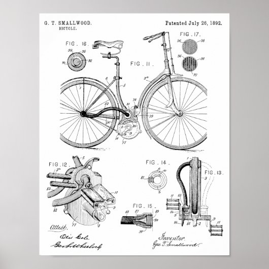 1892チェーンレス自転車特許スケッチプリント ポスター (正面)