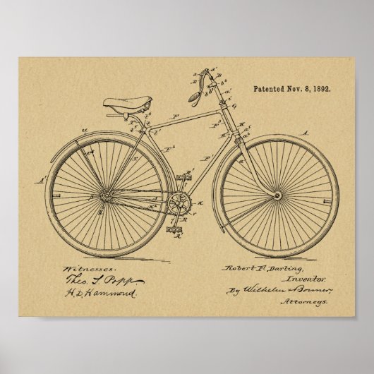 1892ヴィンテージ自転車デザイン特許プリント ポスター (正面)