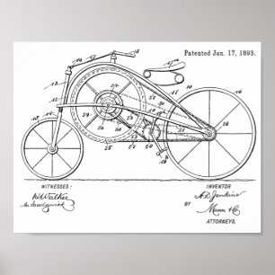 1893ヴィンテージ大型ギア自転車特許プリント ポスター
