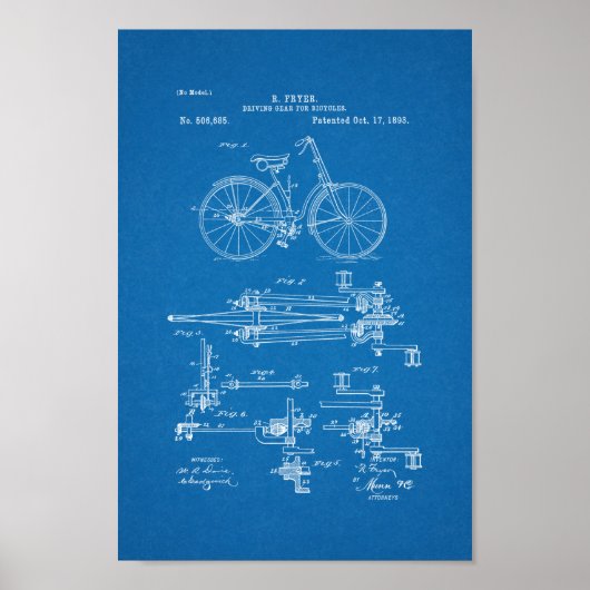 1893ヴィンテージ自転車ギア特許プリント青写真 ポスター (正面)