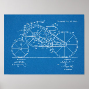1893ヴィンテージ自転車特許青写真アートプリント ポスター
