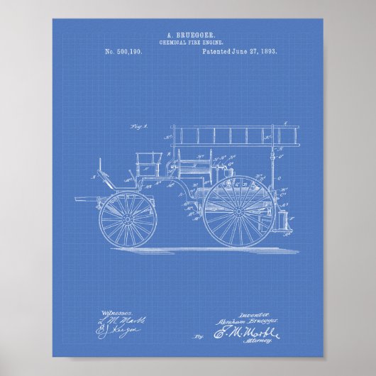 1893年の化学消防車の特許設計図 ポスター (正面)