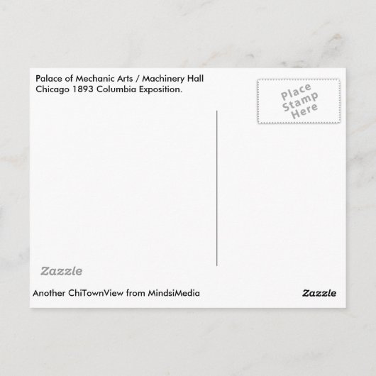 1893年コロンビア博覧会、機械芸術の殿堂 ポストカード (裏面)