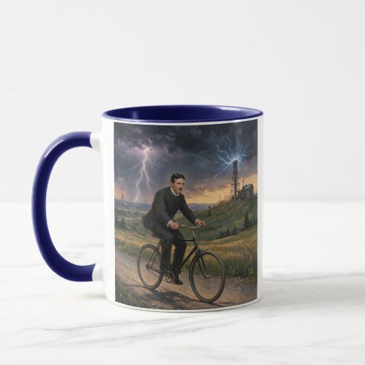 1893年頃の彼の研究所への自転車でのニコラ・テスラ マグカップ (左)
