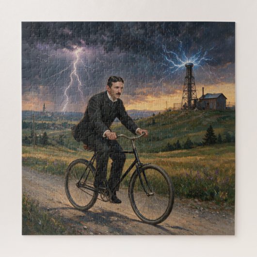 1893年頃の自転車でラボへ向かうニコラ・テスラ ジグソーパズル (縦)