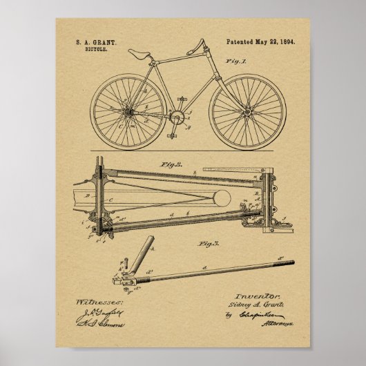 1894チェーンレス自転車デザイン特許プリント ポスター (正面)