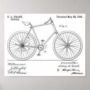 1894鎖のないシャフトドライブの自転車のパテントのプリント ポスター