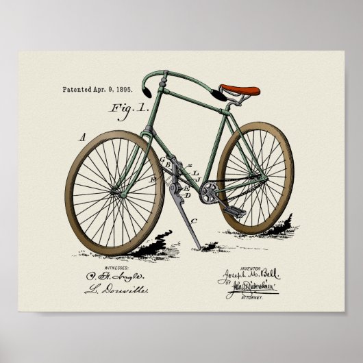 1895ヴィンテージ自転車特許カラーアートプリント ポスター (正面)