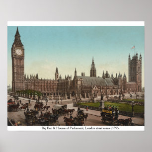 1895年 ロンドン イギリス議会議事堂とビッグベンのアンティーク ポスター