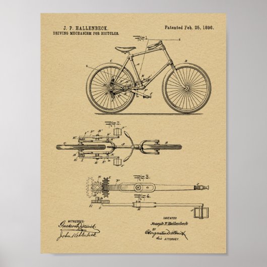 1896チェーンレス自転車デザイン特許プリント ポスター (正面)