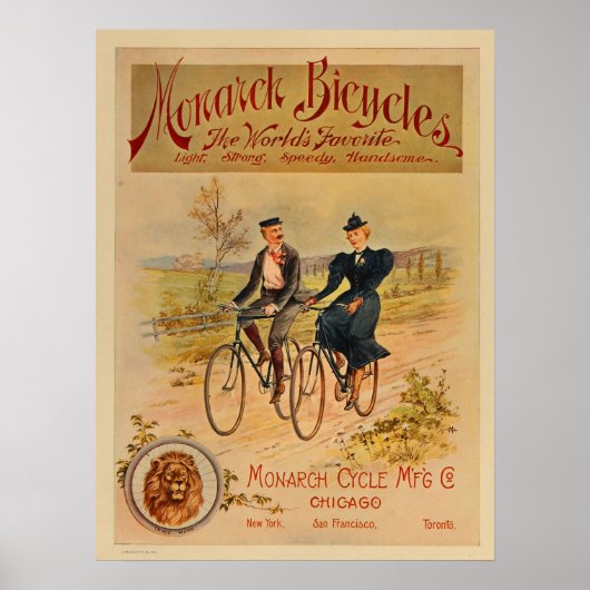 1896ヴィンテージカラー（昆虫）オオカバマダラ、モナーク自転車とアートポスター ポスター (正面)