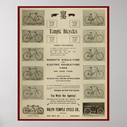 1896年ヴィンテージ寺自転車とアートポスター ポスター (正面)