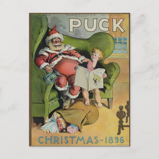 1896年 ヴィンテージ Puck Magazine クリスマス サンタ＆チャイルド ポストカード (正面)