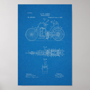 1897ヴィンテージ蒸気自転車特許ブループリントアート ポスター