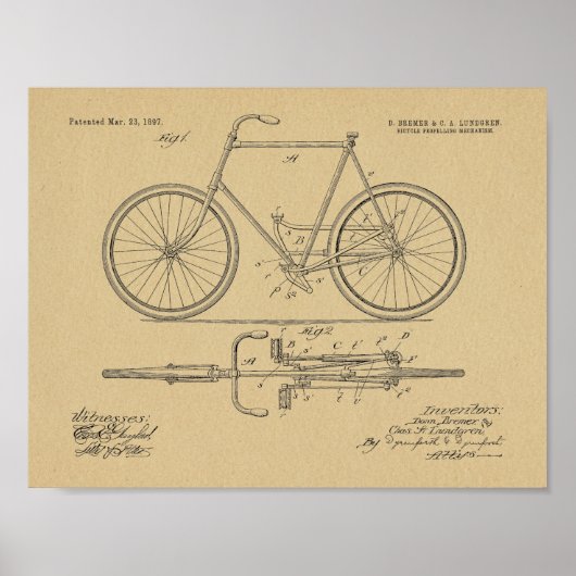 1897 Chainless Bicycle Patent Art Drawing Print ポスター (正面)