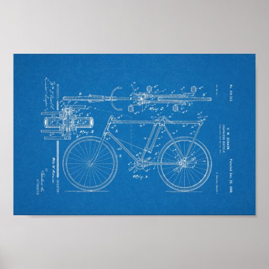 1898ヴィンテージチェーンレス自転車特許プリント ポスター (正面)