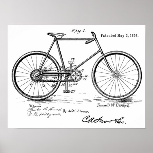 1898ヴィンテージ自転車特許プリント ポスター (正面)