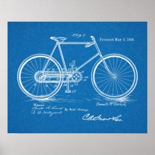 1898ヴィンテージ自転車特許青写真アートプリント ポスター
