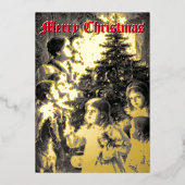 1899年ビクトリアンの子供ののまわりにクリスマスツリー 箔シーズンカード (正面)