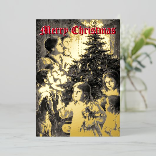 1899年ビクトリアンの子供ののまわりにクリスマスツリー 箔シーズンカード (立ち正面)
