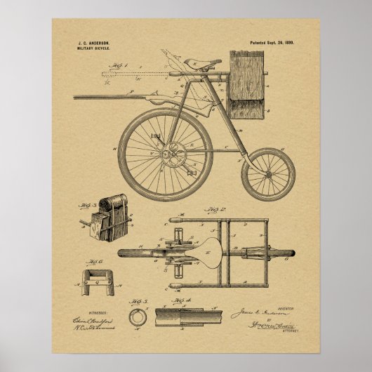 1899軍隊自転車特許スケッチプリント ポスター (正面)