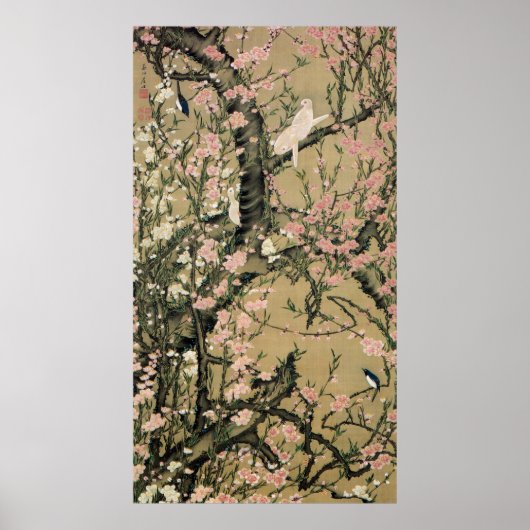 18.桃花小禽図, 若冲 Peach Blossoms & Small Birds, Jakuchū ポスター (正面)