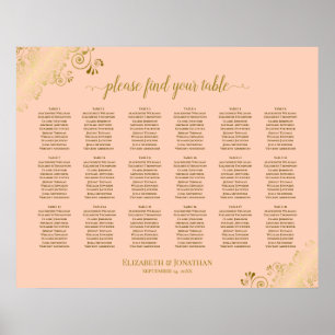 18 Table Wedding Seating Chart Coral Peach & Gold ポスター
