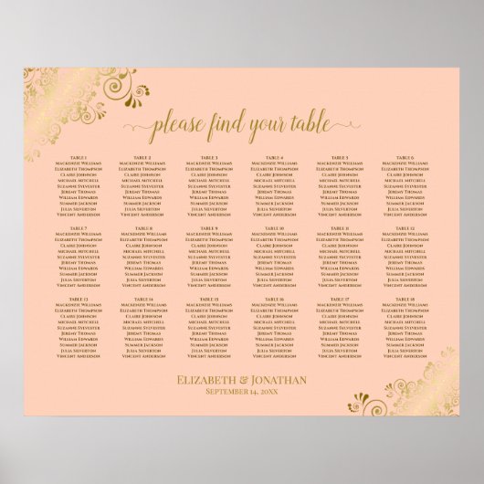 18 Table Wedding Seating Chart Coral Peach & Gold ポスター (正面)