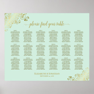 18 Table Wedding Seating Chart Mint Green & Gold ポスター