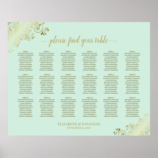 18 Table Wedding Seating Chart Mint Green & Gold ポスター (正面)