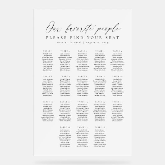 18 Tables Favorite People Acrylic Seating Chart アクリルサイン (正面)