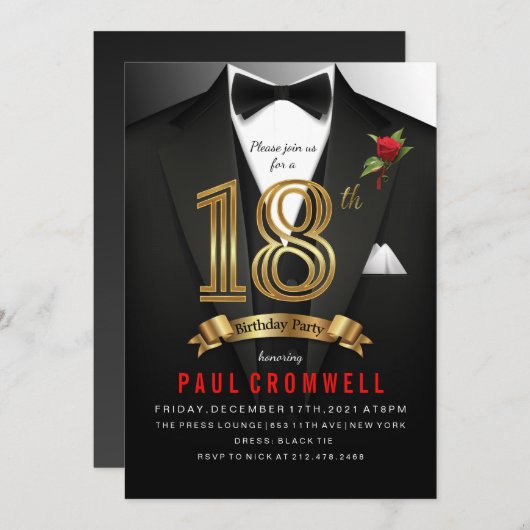 18h誕生日ツキセドブラックタイ 招待状 (正面/裏面)