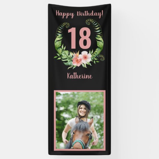 18thまたは任意の年齢の誕生日赤面ピンクフローラ 横断幕 (縦)