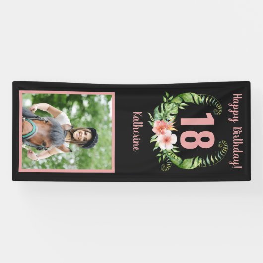 18thまたは任意の年齢の誕生日赤面ピンクフローラ 横断幕 (横)