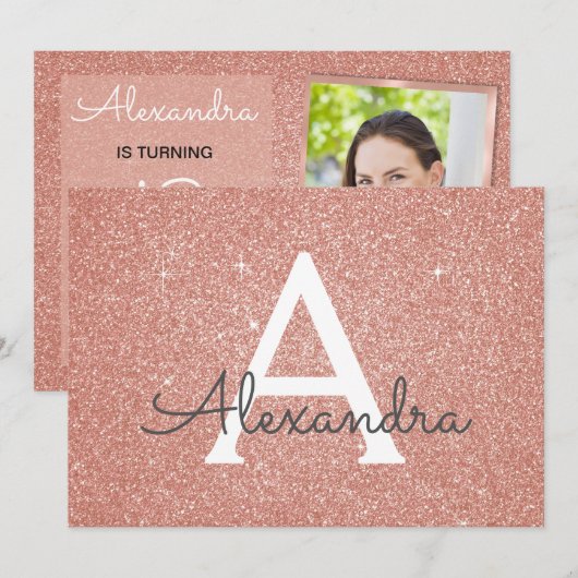 18thスパークルバラ金ゴールド赤面ピンク写真 招待状 (正面/裏面)