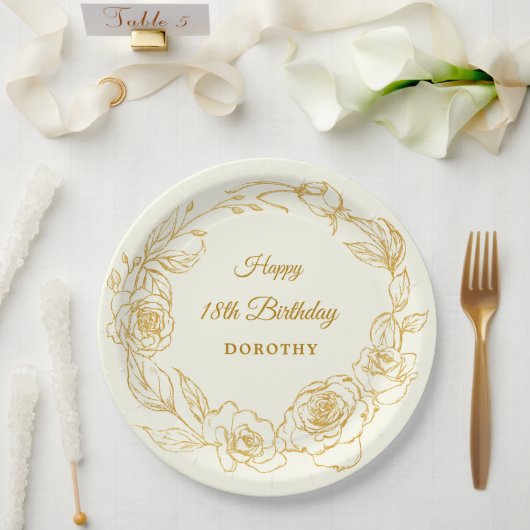 18thバースデーパーティラックス金ゴールドバラフローラアイボリー ペーパープレート (ウェディング)