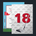 18thバースデーパーティーゴルフテーマ 招待状<br><div class="desc">18歳の誕生日にゴルフクラブでホワイトゴルフボールパターンのクローズアップ。年齢は編集可能。背面のすべての文字は変更できる。青空の色を変えることができる。</div>