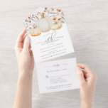 18thバースデーパーティーパンプキン紅葉 オールインワン招待状<br><div class="desc">お救金はスタイルのスタイルを犠牲にすることなく、1つの誕生日の招待ですべてと一緒に。封筒と出欠カードはスキップできる。今年の秋の誕生日の招待状には、紅葉、果実、ワイルドフラワーに囲まれた3つの白いカボチャが含まれている。水彩エレガントデザインは書が施されモダンている。</div>