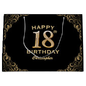 18thバースデーパーティーブラック&金ゴールドグリッター枠 ラージペーパーバッグ (正面)