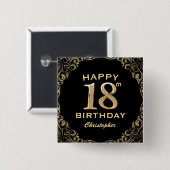 18thバースデーパーティーブラック&金ゴールドグリッター枠 缶バッジ (正面&裏面)